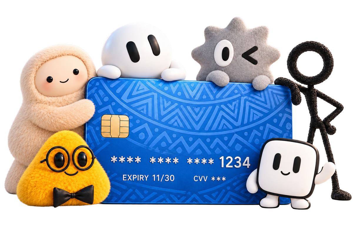 A blue Paygent card with five friendly agent characters gathered around it